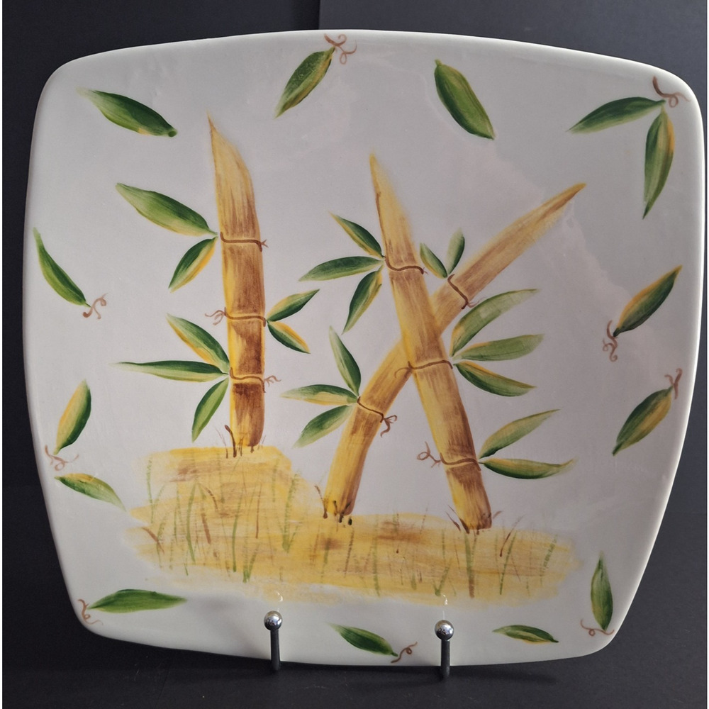 Tropical Bamboo 10" Square Dinner Plate- Yellow and Green Hand Painted